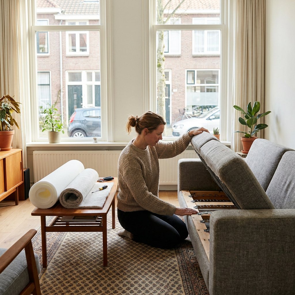 Bewoner tilt het zitkussen van een doorgezakte bank op in een lichte Nederlandse woonkamer, met eenvoudige steunmaterialen klaar voor een tijdelijke fix.