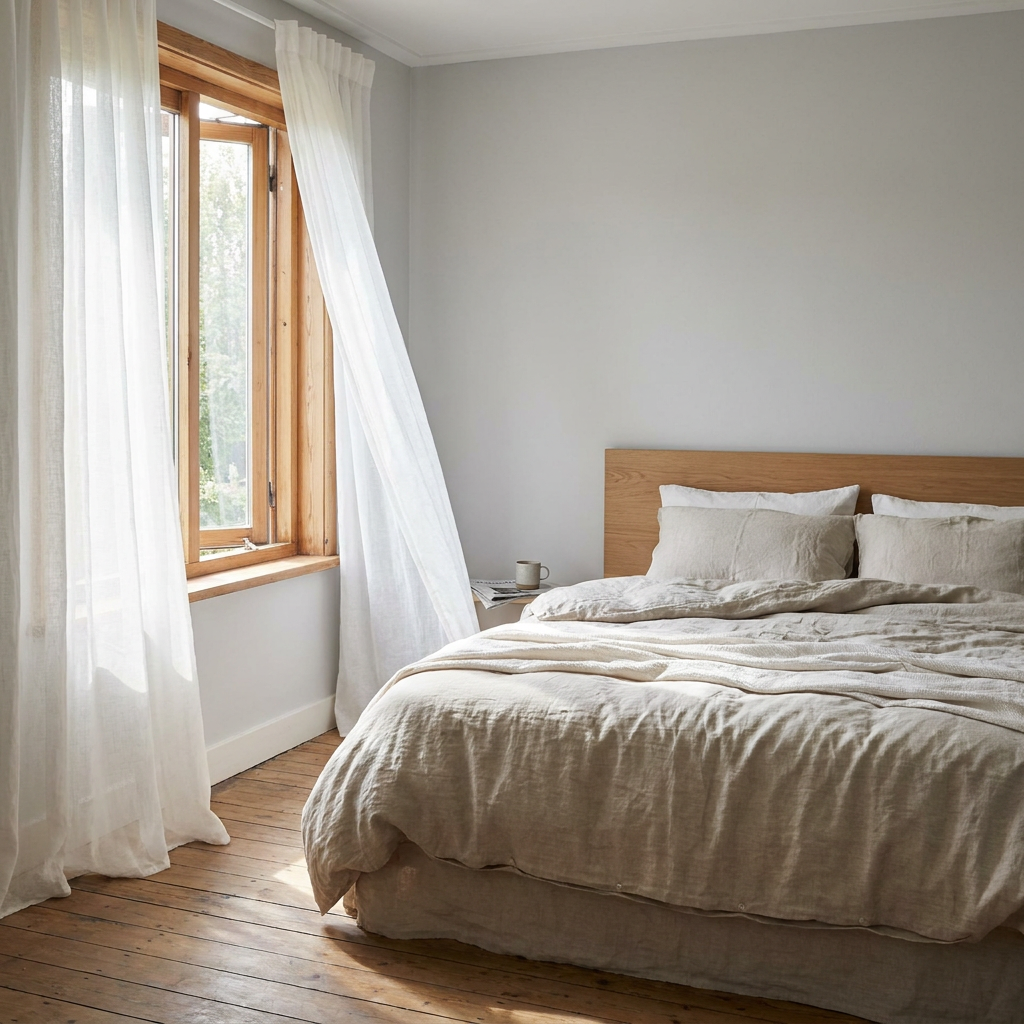 Lichte Nederlandse slaapkamer met open raam, witte gordijnen, fris opgemaakt bed en zacht ochtendlicht dat frisse lucht en ventilatie suggereert.