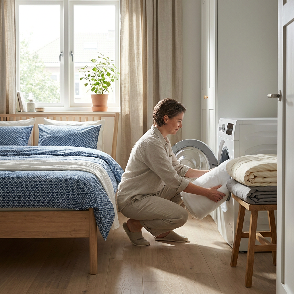 Persoon stopt een witte molton in de wasmachine naast een opgemaakt bed in een lichte, rustige slaapkamer met een praktische huiselijke sfeer.