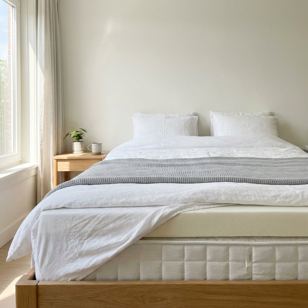 Net opgemaakt bed in een lichte Nederlandse slaapkamer, met een losgeschoten hoek van het hoeslaken en een licht verschoven topper zichtbaar.