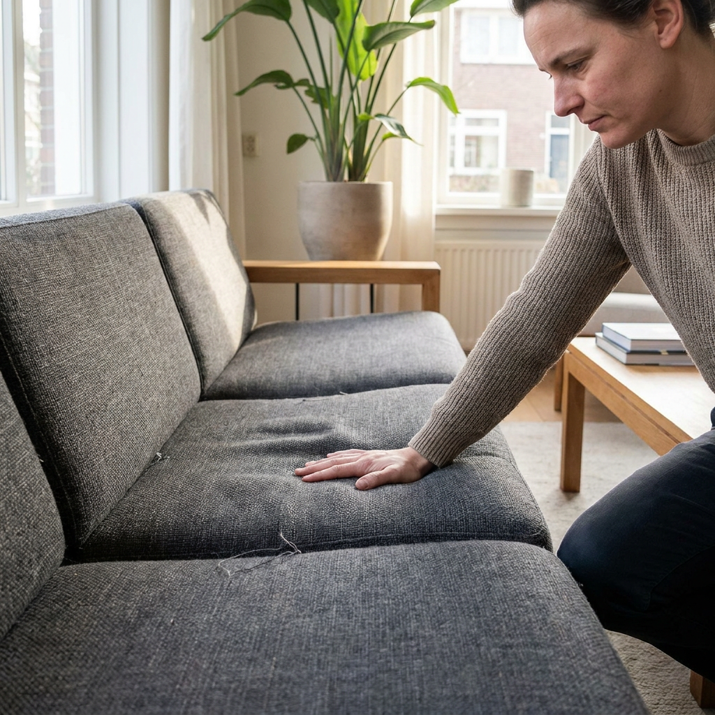 Bewoner knielt naast een ingezakte bank en drukt op de zitting in een lichte Nederlandse woonkamer met neutrale tinten en natuurlijk daglicht.