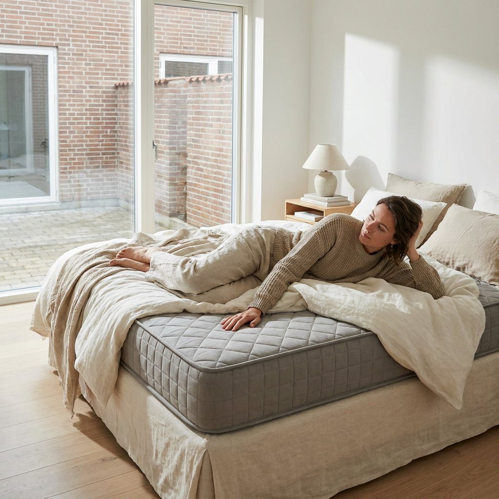 Volwassene test ligcomfort op een modern matras in een lichte Nederlandse slaapkamer, met focus op ondersteuning van schouders, heupen en rug.
