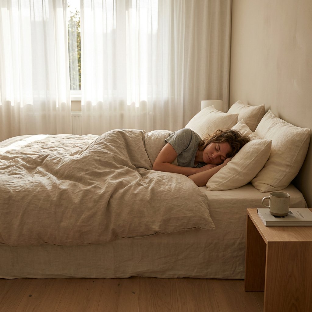 Volwassen vrouw slaapt op haar zij in een lichte Nederlandse slaapkamer, met goed ondersteunde nek en schouders op een comfortabel kussen.