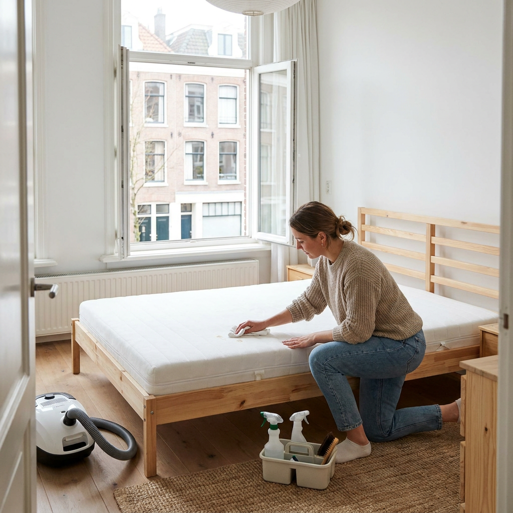 Persoon dept een vlek op een wit matras in een lichte Nederlandse slaapkamer, met open raam, stofzuiger en schoonmaakdoekjes binnen handbereik.