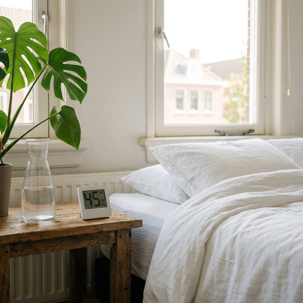 Heldere Nederlandse slaapkamer met ochtendlicht; op het nachtkastje staat een digitale hygrometer met 45% luchtvochtigheid, wit beddengoed, open kiepraam en groene plant.