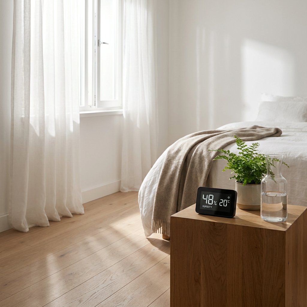 Heldere Nederlandse slaapkamer met houten vloer en wit dekbed. Op het nachtkastje staat een digitale hygrometer (48% RH, 20°C), ochtendlicht door vitrage.