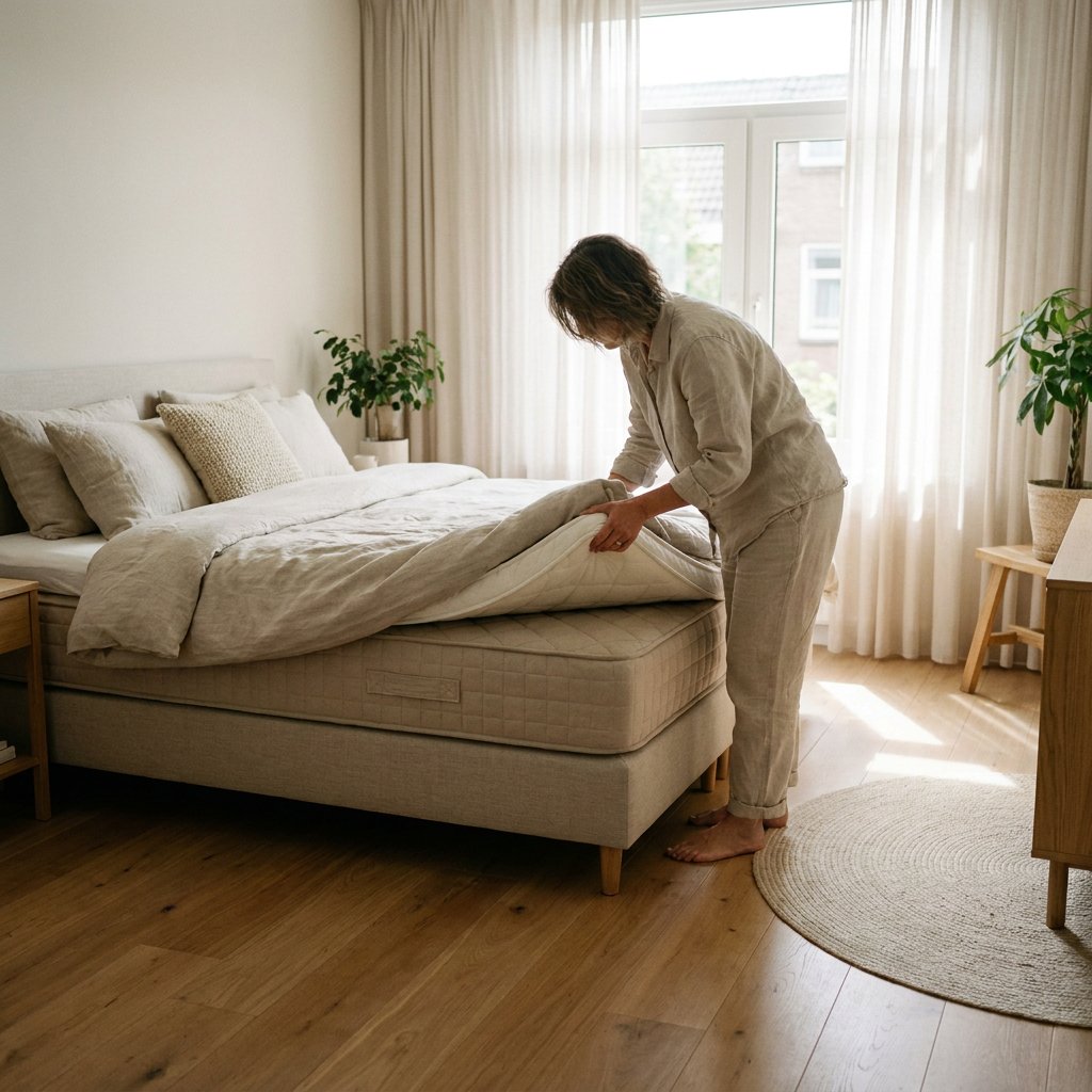 Volwassen persoon tilt de hoek van een topper op en schuift een stevige matrasonderlegger eronder in een lichte, moderne Nederlandse slaapkamer met daglicht.